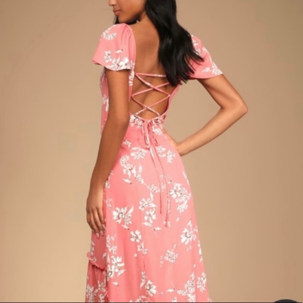 Lulu's Pink Floral Maxi Dress with Lace-Up Back